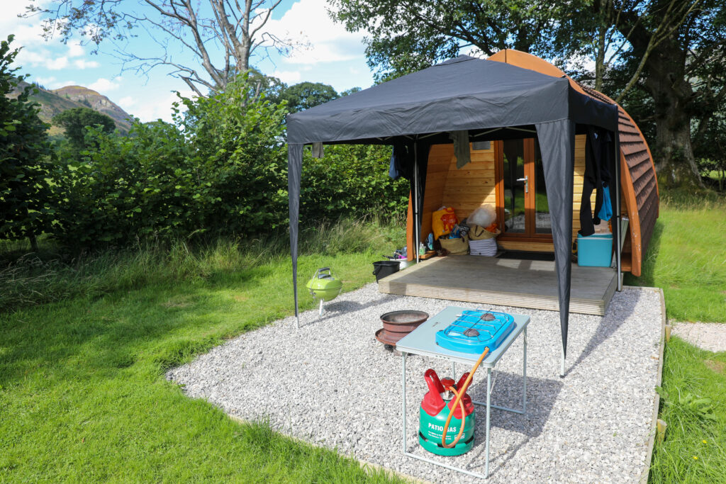 ‘Whinlatter’ camping Pod with view of Barf at Lanefoot Farm Campsite